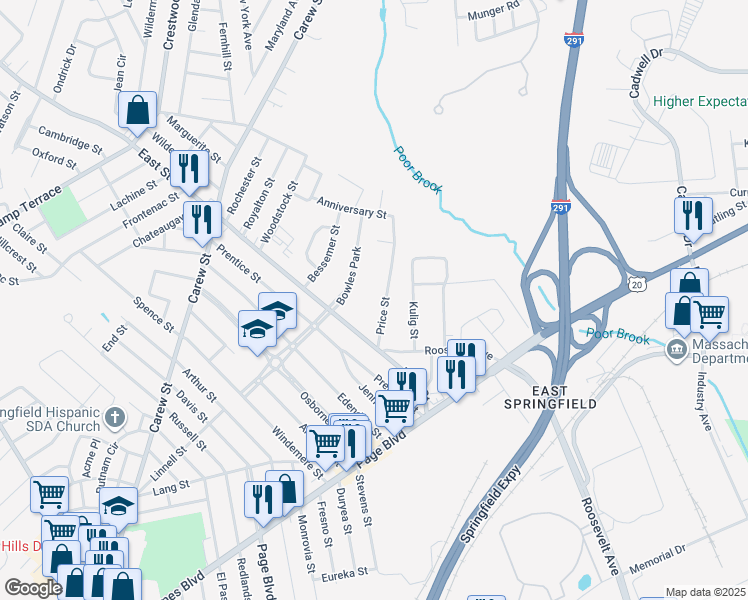 map of restaurants, bars, coffee shops, grocery stores, and more near 84 University Street in Springfield