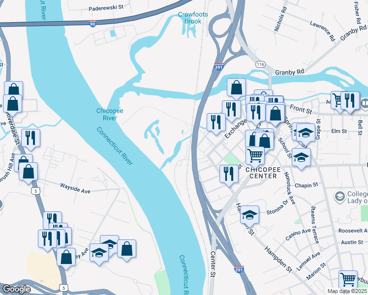 map of restaurants, bars, coffee shops, grocery stores, and more near 2-98 Railroad Row in Chicopee