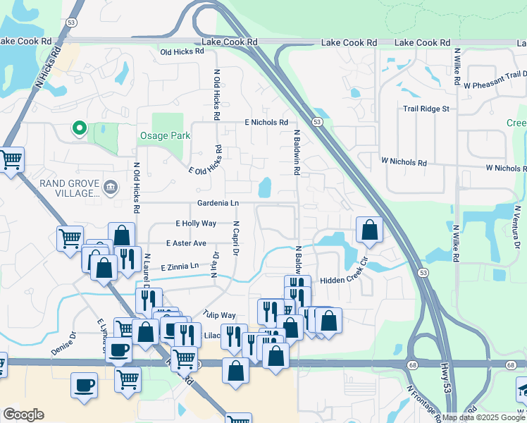 map of restaurants, bars, coffee shops, grocery stores, and more near 1926 High Grove Lane in Palatine