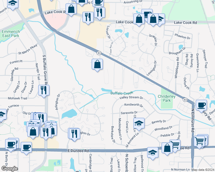 map of restaurants, bars, coffee shops, grocery stores, and more near 563 Fairway View Drive in Wheeling