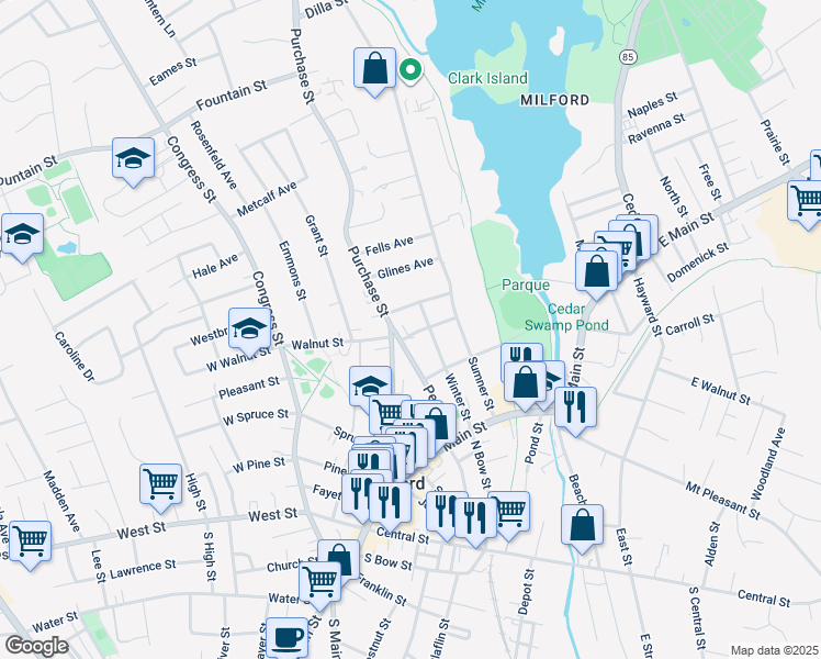 map of restaurants, bars, coffee shops, grocery stores, and more near 2-4 Lincoln Street in Milford