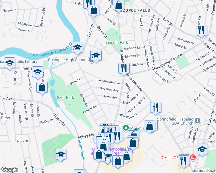 map of restaurants, bars, coffee shops, grocery stores, and more near 55 Goodhue Avenue in Chicopee