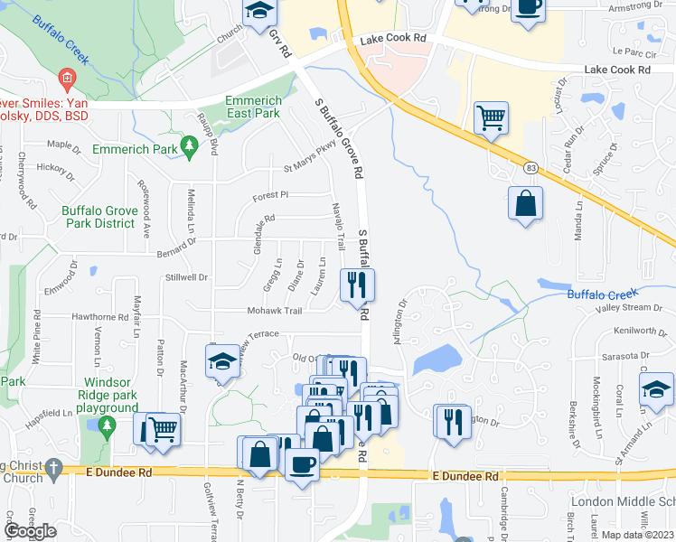 map of restaurants, bars, coffee shops, grocery stores, and more near 428 Navajo Trail in Buffalo Grove