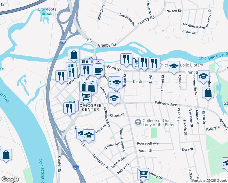 map of restaurants, bars, coffee shops, grocery stores, and more near 134 Springfield Street in Chicopee