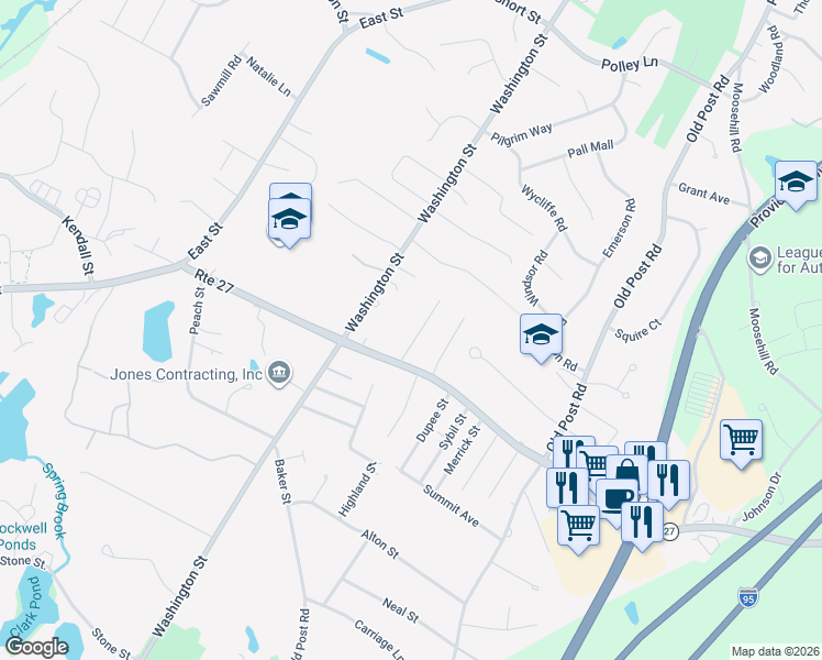 map of restaurants, bars, coffee shops, grocery stores, and more near 4 Lorraine Road in Walpole