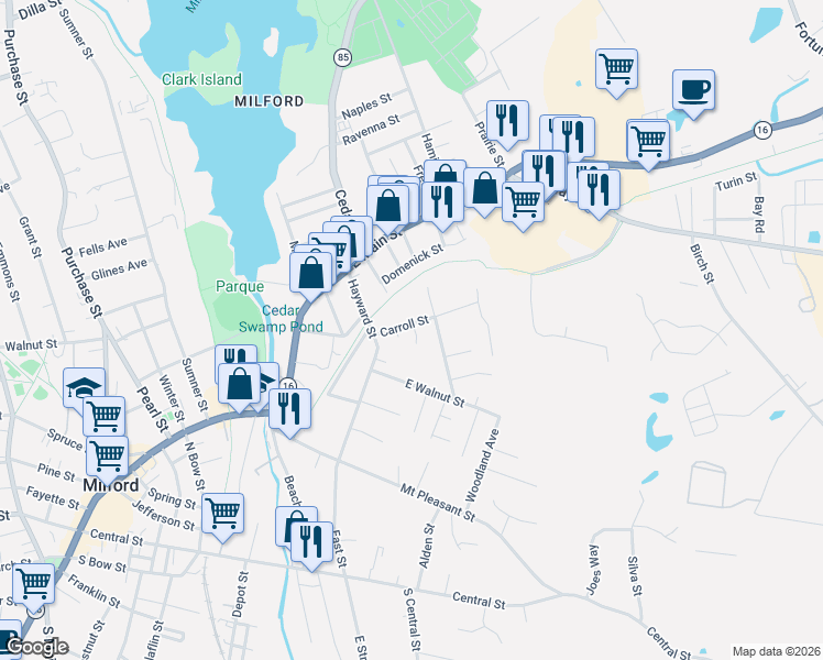 map of restaurants, bars, coffee shops, grocery stores, and more near 17 Carroll Street in Milford