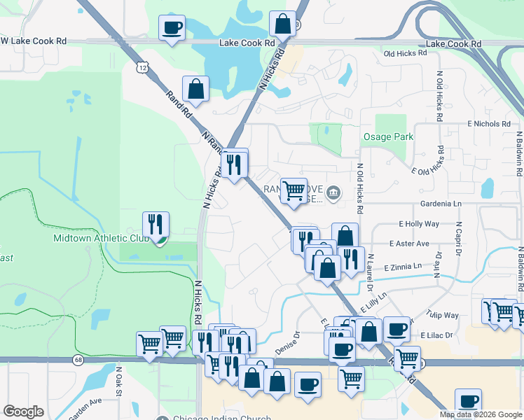 map of restaurants, bars, coffee shops, grocery stores, and more near 2010 North Rand Road in Palatine