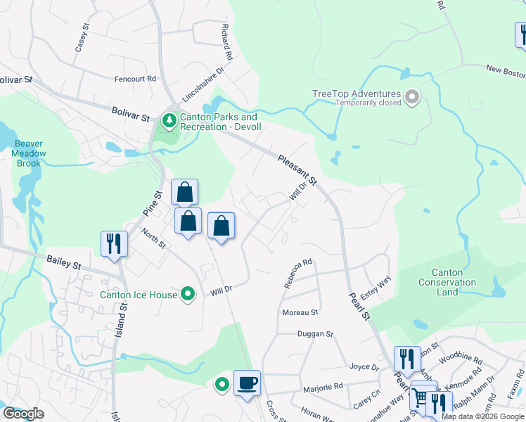 map of restaurants, bars, coffee shops, grocery stores, and more near 112 Will Drive in Canton