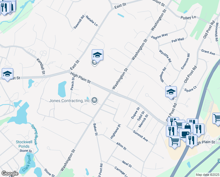 map of restaurants, bars, coffee shops, grocery stores, and more near 688 Washington Street in Walpole