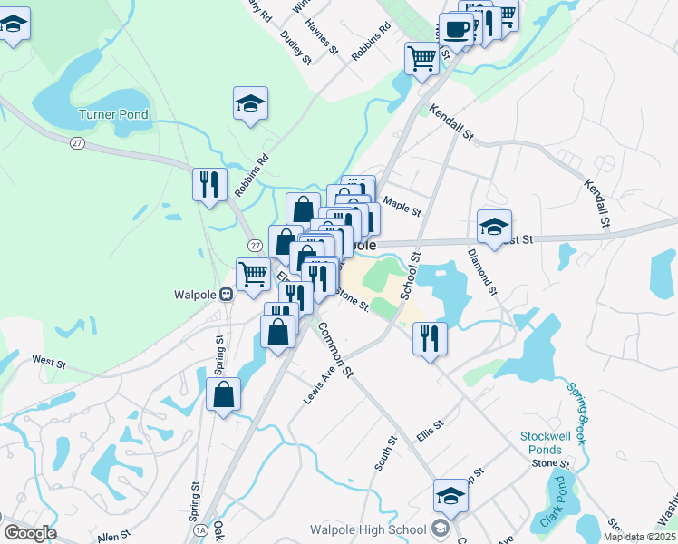 map of restaurants, bars, coffee shops, grocery stores, and more near 1 West Street in Walpole