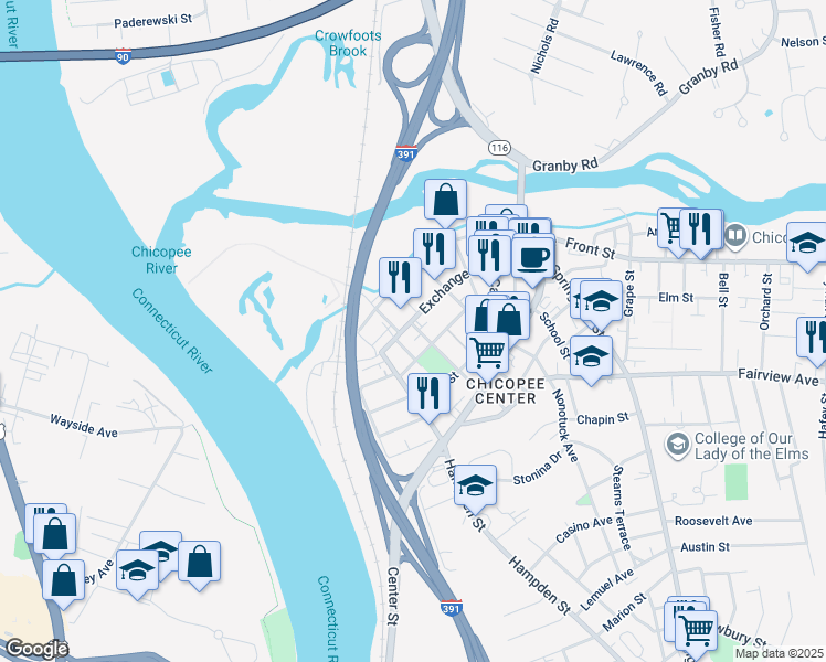 map of restaurants, bars, coffee shops, grocery stores, and more near 25 School Street in Chicopee