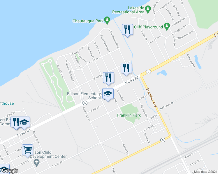map of restaurants, bars, coffee shops, grocery stores, and more near 1951 East Lake Road in Erie