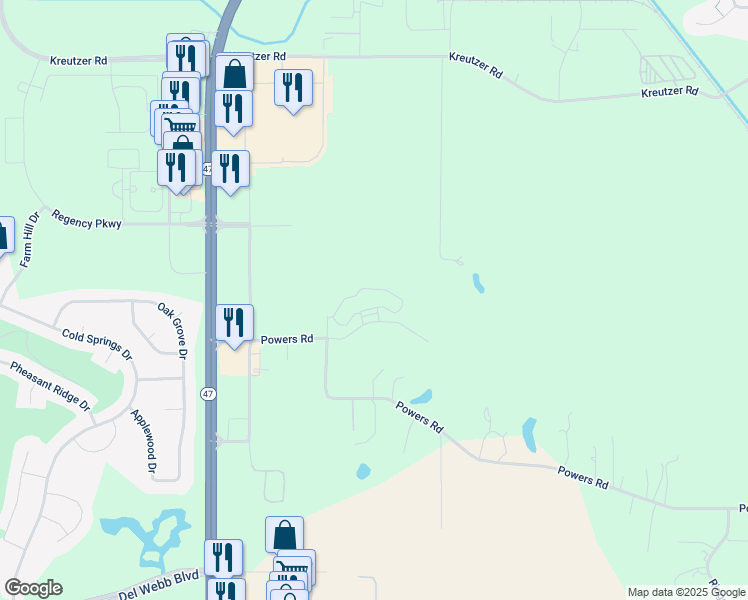 map of restaurants, bars, coffee shops, grocery stores, and more near 41W810 Powers Road in Huntley