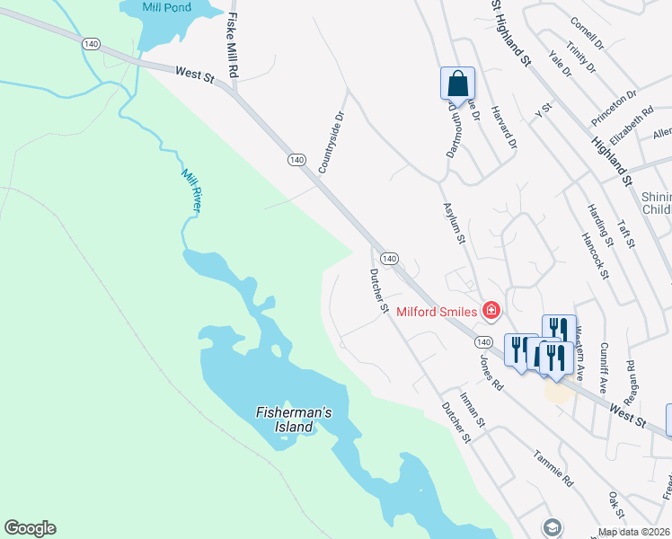 map of restaurants, bars, coffee shops, grocery stores, and more near 33 Driftway Street in Hopedale