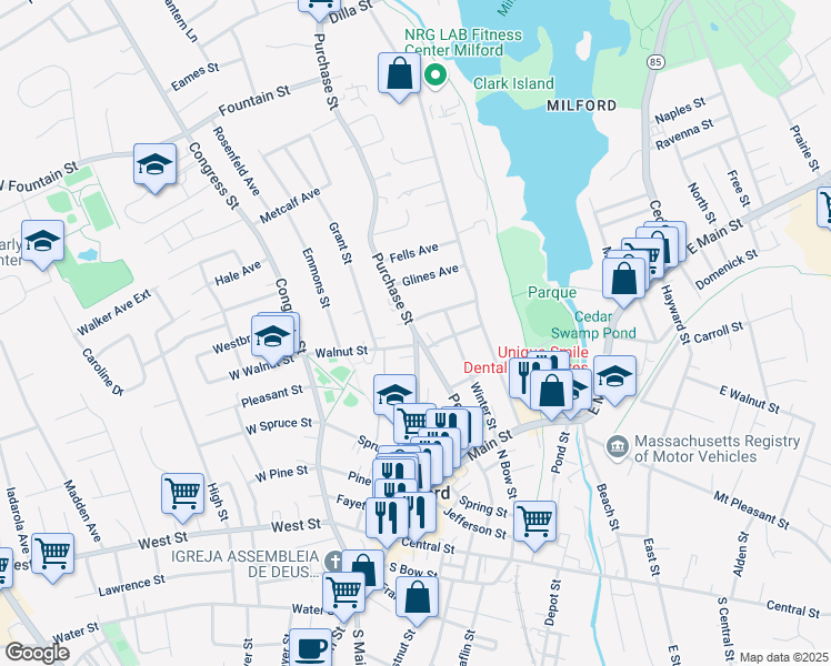 map of restaurants, bars, coffee shops, grocery stores, and more near 1 Purchase Street in Milford