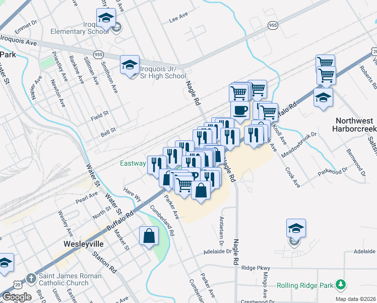 map of restaurants, bars, coffee shops, grocery stores, and more near 4268 Buffalo Road in Erie