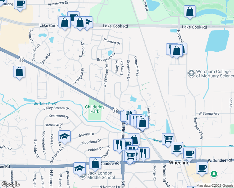 map of restaurants, bars, coffee shops, grocery stores, and more near 835 Oxford Place in Wheeling