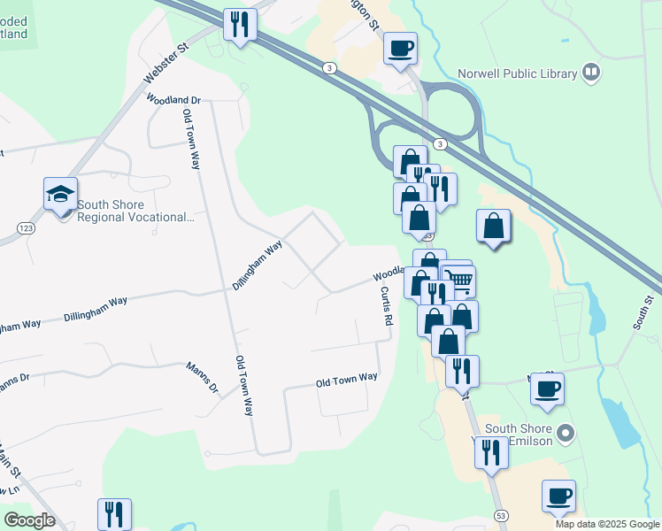 map of restaurants, bars, coffee shops, grocery stores, and more near 352 Woodland Drive in Hanover