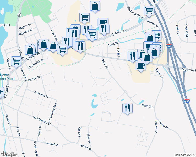 map of restaurants, bars, coffee shops, grocery stores, and more near 6 Lombardi Circle in Milford