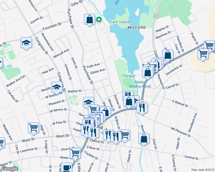 map of restaurants, bars, coffee shops, grocery stores, and more near 38 Sumner Street in Milford