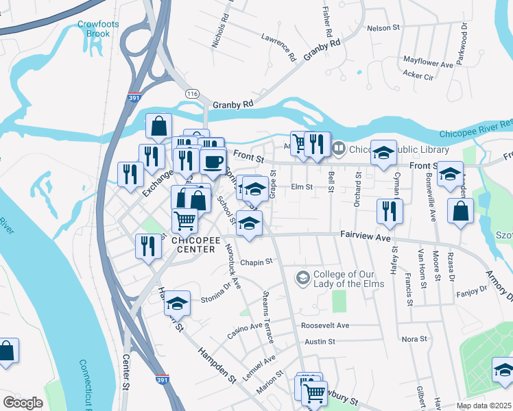 map of restaurants, bars, coffee shops, grocery stores, and more near 156 Springfield Street in Chicopee