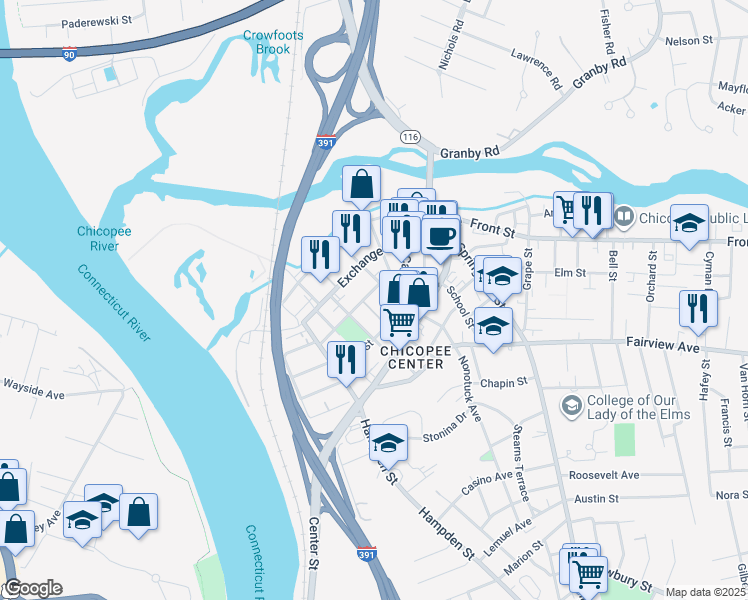 map of restaurants, bars, coffee shops, grocery stores, and more near 53 Chestnut Street in Chicopee