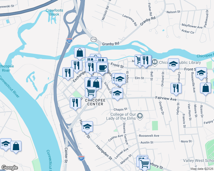map of restaurants, bars, coffee shops, grocery stores, and more near 202 School Street in Chicopee