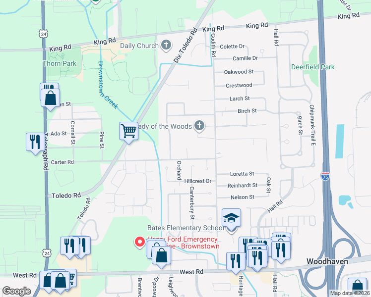 map of restaurants, bars, coffee shops, grocery stores, and more near 22606 Carter Road in Trenton
