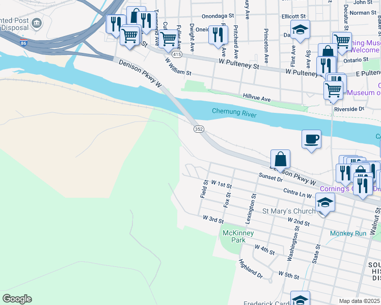 map of restaurants, bars, coffee shops, grocery stores, and more near 401 Pace Road in Corning