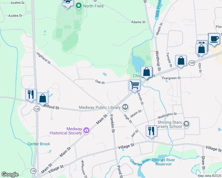 map of restaurants, bars, coffee shops, grocery stores, and more near 8 Oak Street in Medway