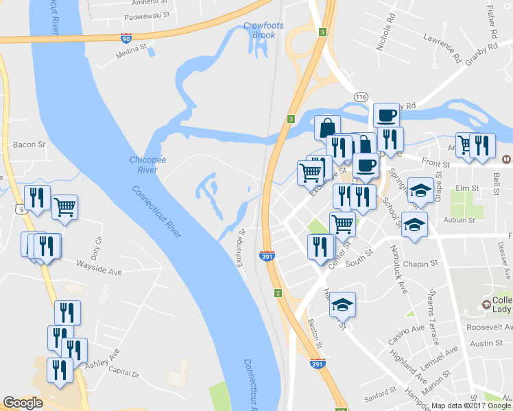 map of restaurants, bars, coffee shops, grocery stores, and more near 98 Railroad Row in Chicopee