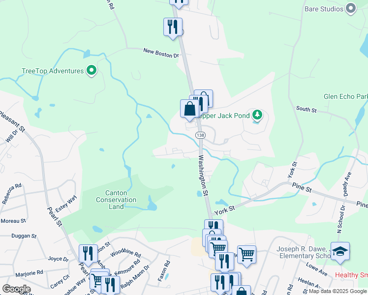 map of restaurants, bars, coffee shops, grocery stores, and more near 1 Windsor Woods Lane in Canton