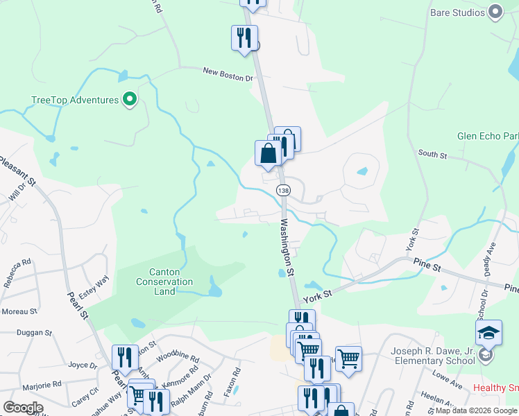 map of restaurants, bars, coffee shops, grocery stores, and more near 1 Windsor Woods Lane in Canton