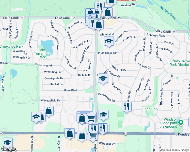 map of restaurants, bars, coffee shops, grocery stores, and more near 501 North Arlington Heights Road in Buffalo Grove
