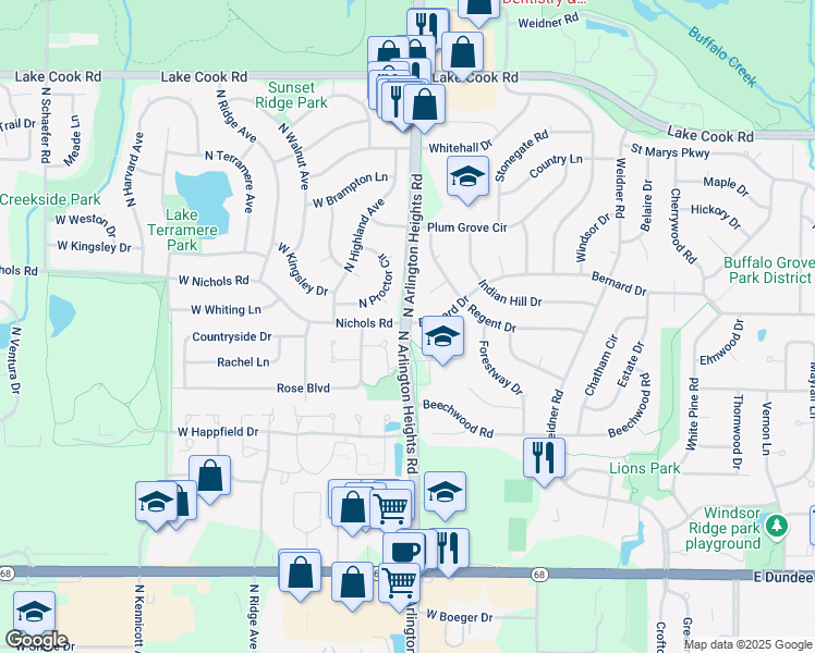 map of restaurants, bars, coffee shops, grocery stores, and more near 501 South Arlington Heights Road in Buffalo Grove