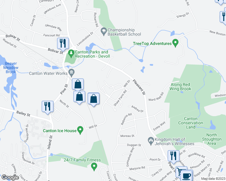 map of restaurants, bars, coffee shops, grocery stores, and more near 8 Forbes Road in Canton
