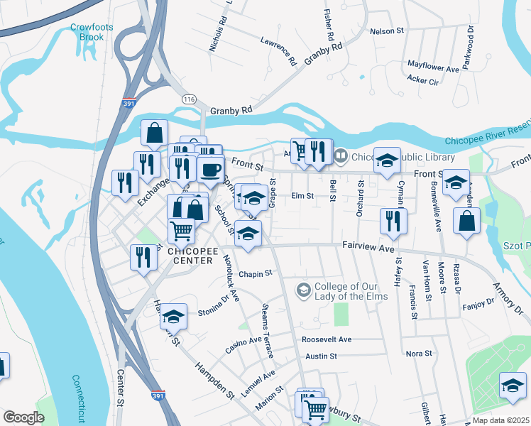 map of restaurants, bars, coffee shops, grocery stores, and more near 22 Pearl Street in Chicopee