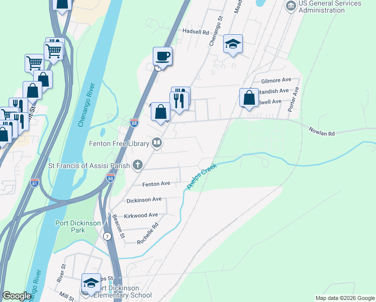 map of restaurants, bars, coffee shops, grocery stores, and more near in Binghamton