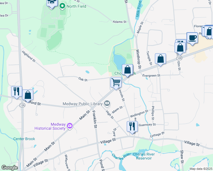 map of restaurants, bars, coffee shops, grocery stores, and more near 3 Mechanic Street in Medway