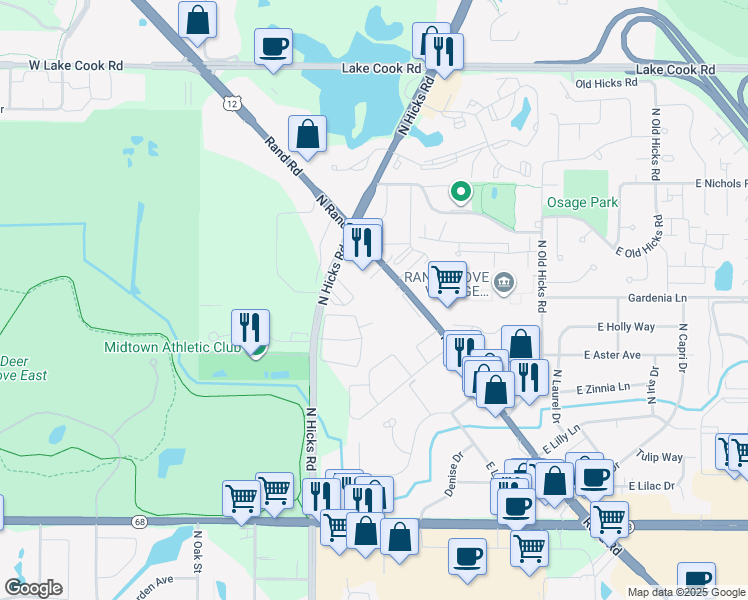 map of restaurants, bars, coffee shops, grocery stores, and more near 2047 Rand Road in Palatine