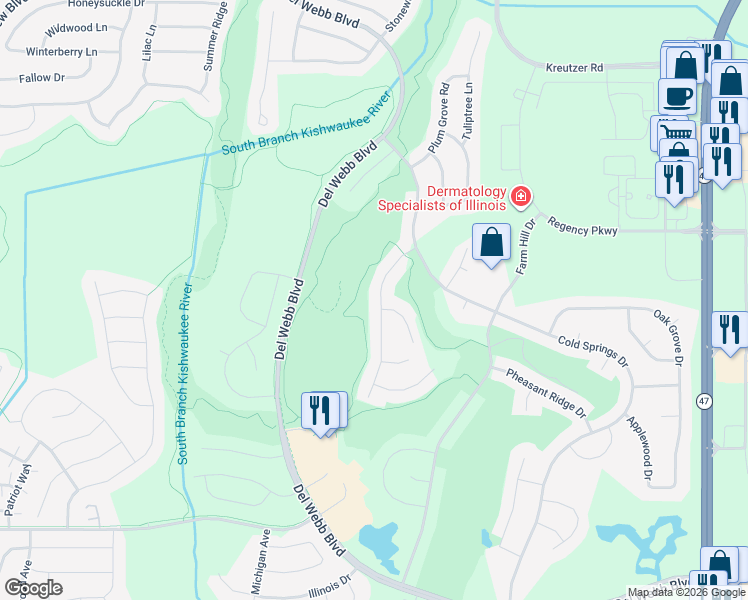 map of restaurants, bars, coffee shops, grocery stores, and more near 12591 Golf View Drive in Huntley