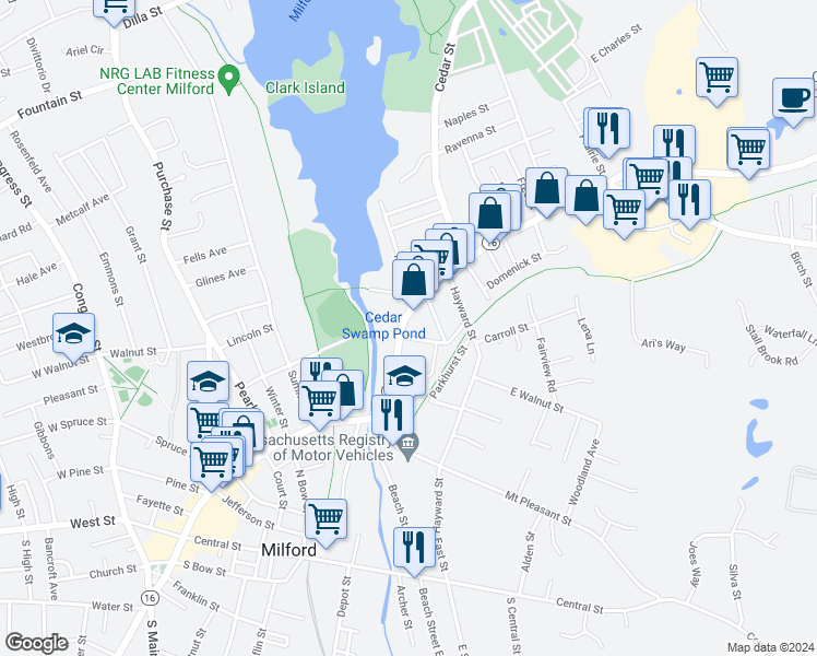 map of restaurants, bars, coffee shops, grocery stores, and more near 67 East Main Street in Milford