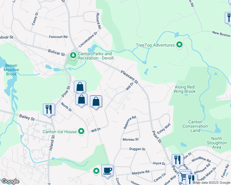 map of restaurants, bars, coffee shops, grocery stores, and more near 47 Will Drive in Canton