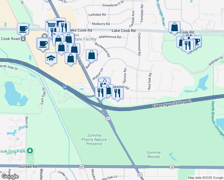 map of restaurants, bars, coffee shops, grocery stores, and more near 1930 Oakwood Road in Northbrook