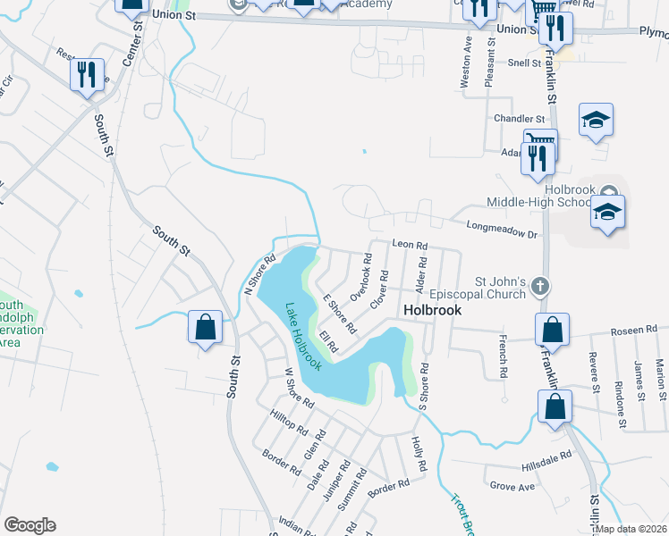 map of restaurants, bars, coffee shops, grocery stores, and more near 10 East Shore Road in Holbrook