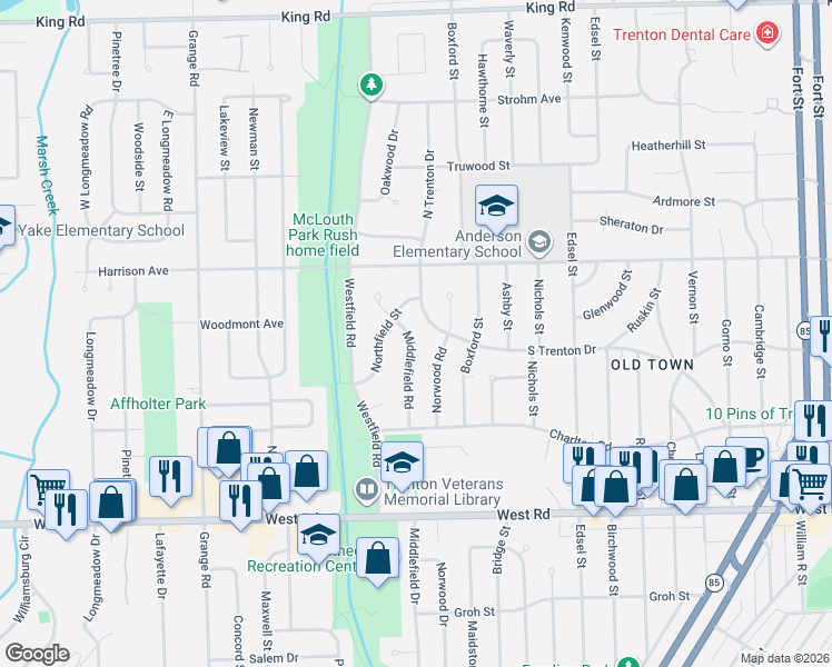 map of restaurants, bars, coffee shops, grocery stores, and more near 2855 South Trenton Drive in Trenton