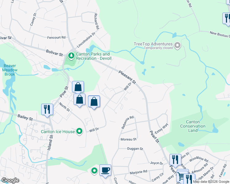 map of restaurants, bars, coffee shops, grocery stores, and more near 8 Forbes Road in Canton