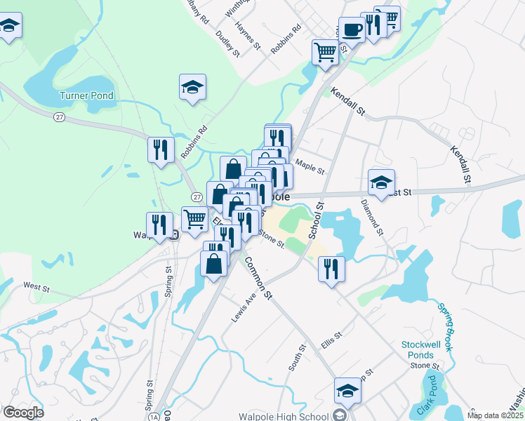 map of restaurants, bars, coffee shops, grocery stores, and more near 960 Main Street in Walpole