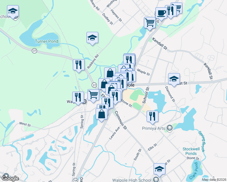 map of restaurants, bars, coffee shops, grocery stores, and more near 1015 East Street in Walpole