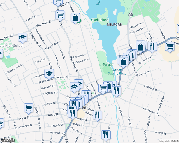 map of restaurants, bars, coffee shops, grocery stores, and more near 23 Mechanic Street in Milford